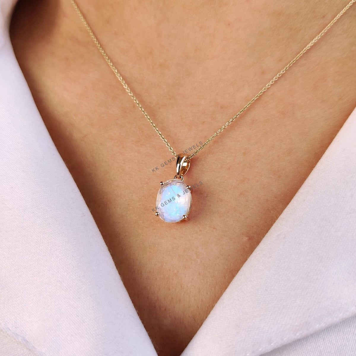 Natural Rainbow Moonstone Pendant, 14K Solid Yellow Gold, June Birthstone