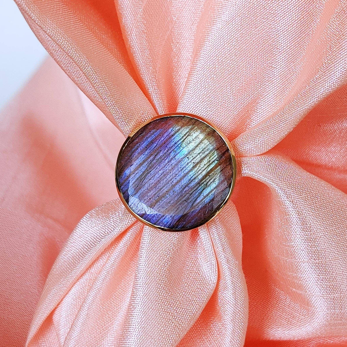 Natural Labradorite Ring, 14K Solid Yellow Gold, Round Gemstone