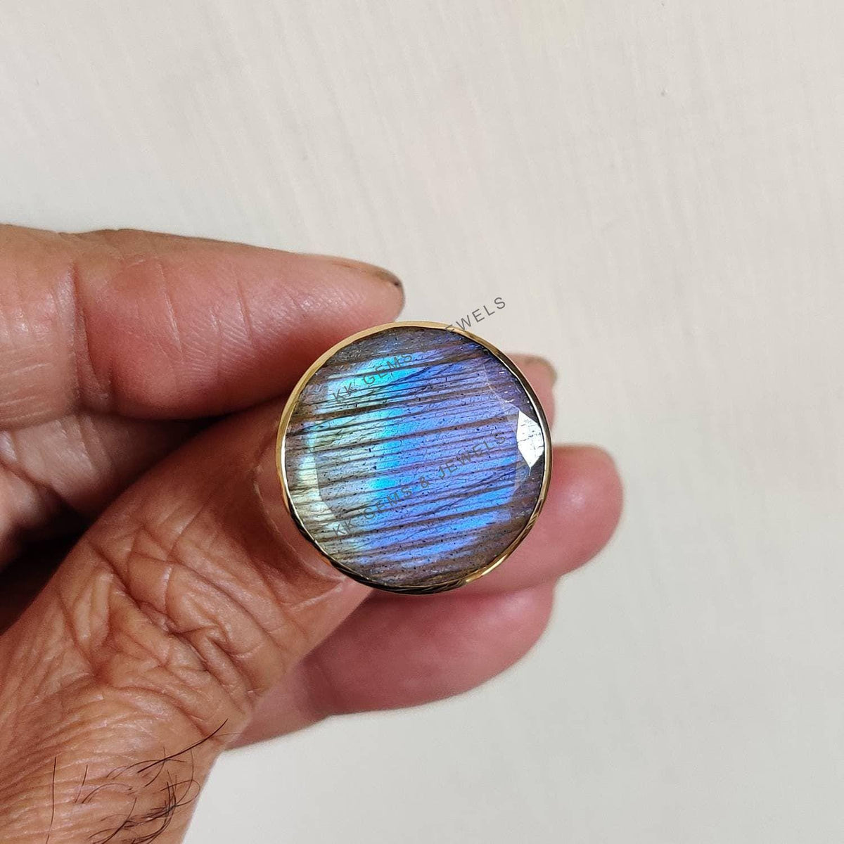 Natural Labradorite Ring, 14K Solid Yellow Gold, Round Gemstone
