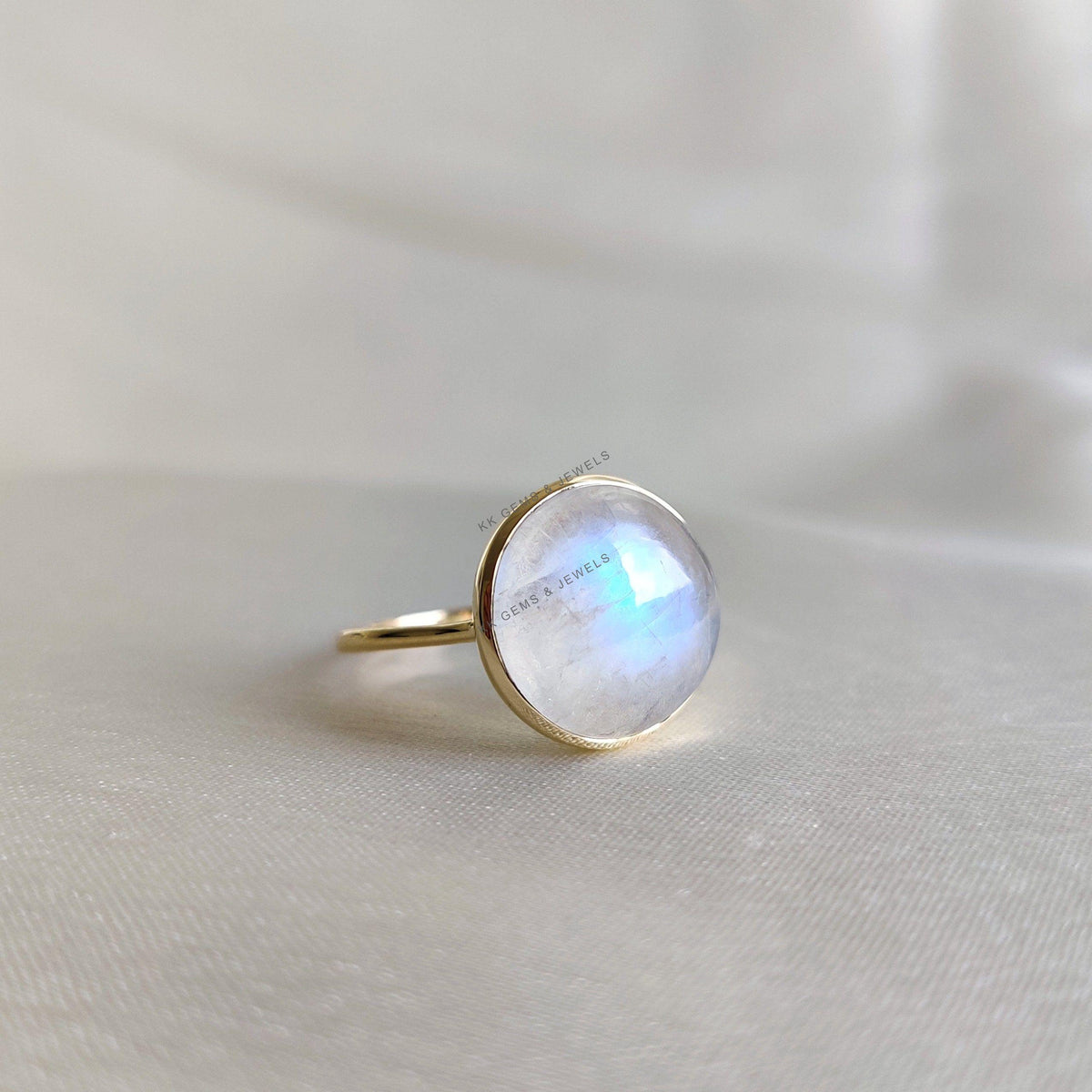 14K Solid Yellow Gold Natural Rainbow Moonstone Ring, Round Bezel Ring