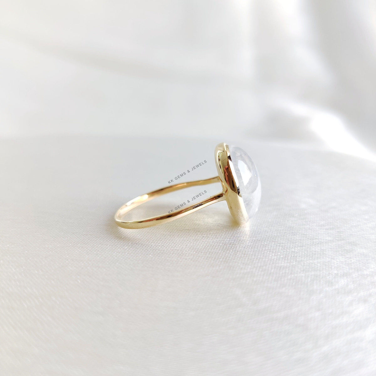 14K Solid Yellow Gold Natural Rainbow Moonstone Ring, Round Bezel Ring