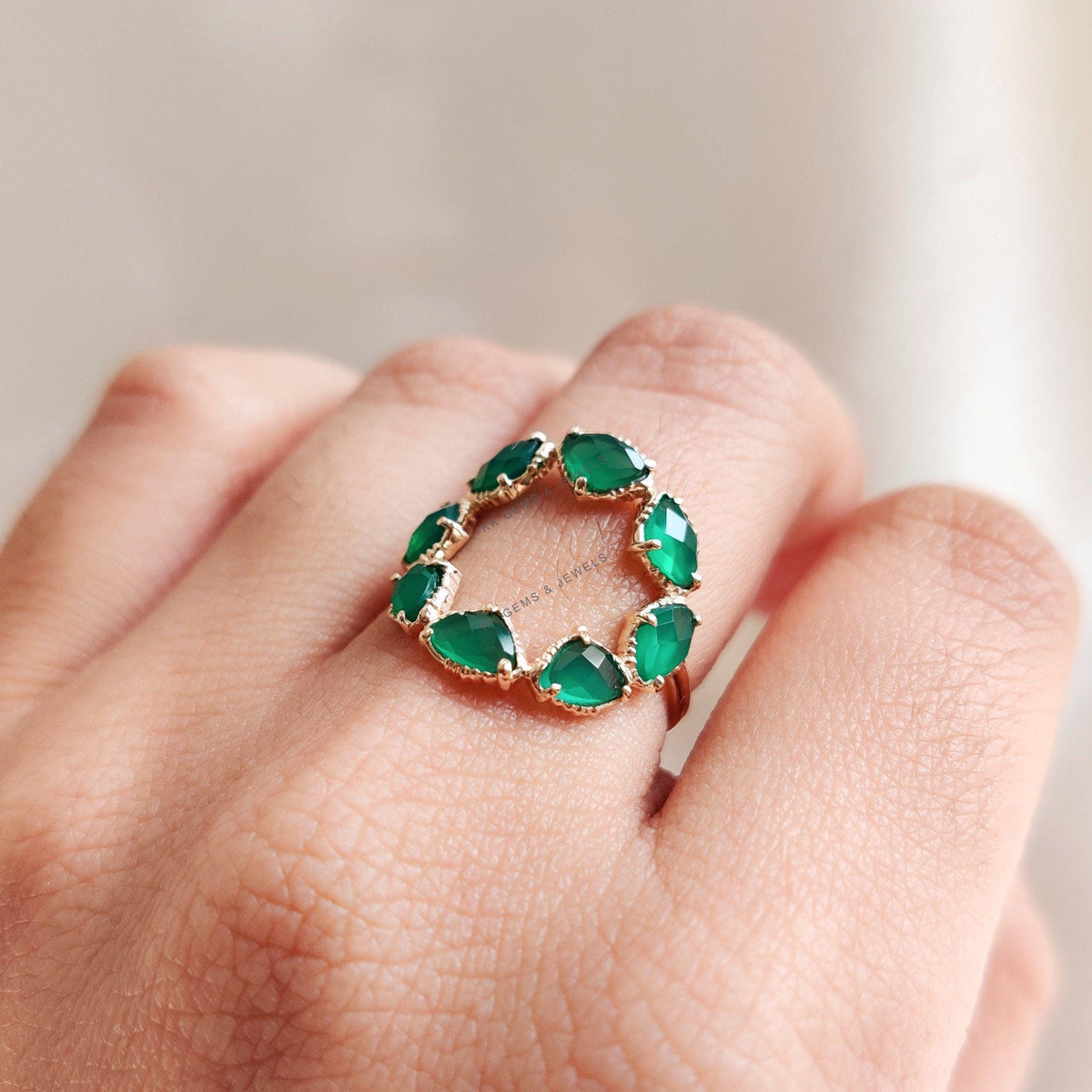 14K Solid Rose Gold Natural Green Onyx Ring, Fancy Flower Ring , May Birthstone