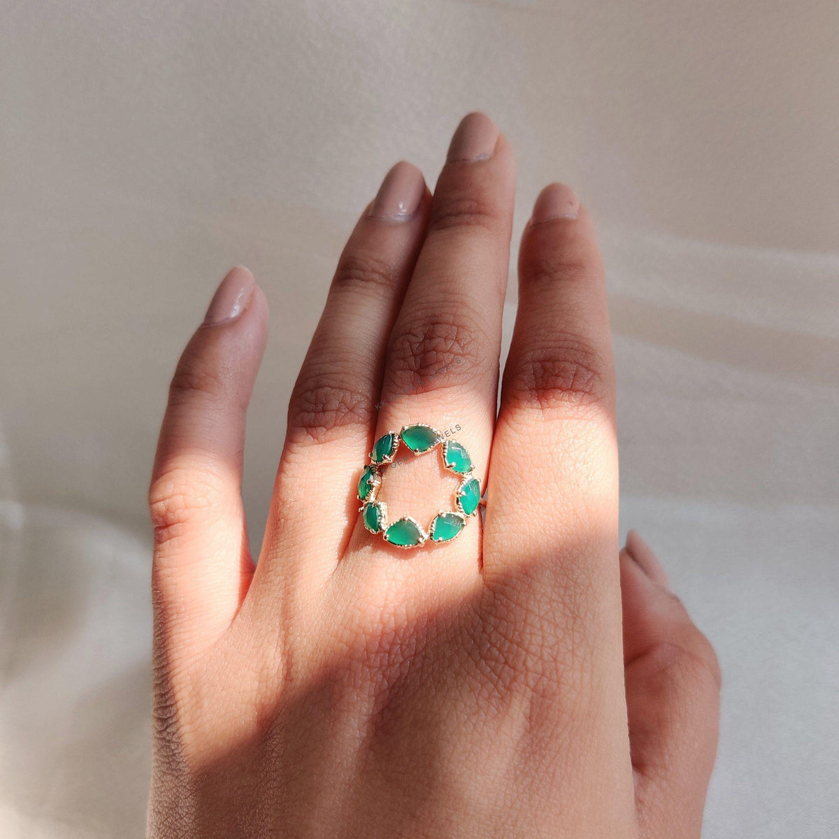14K Solid Rose Gold Natural Green Onyx Ring, Fancy Flower Ring , May Birthstone