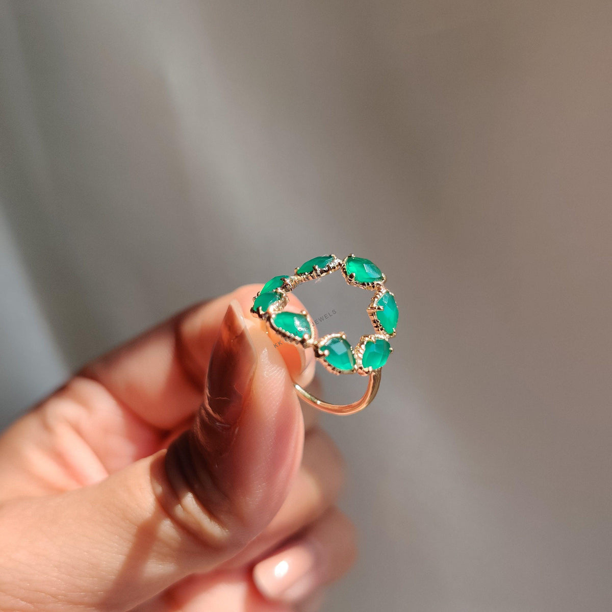 14K Solid Rose Gold Natural Green Onyx Ring, Fancy Flower Ring , May Birthstone