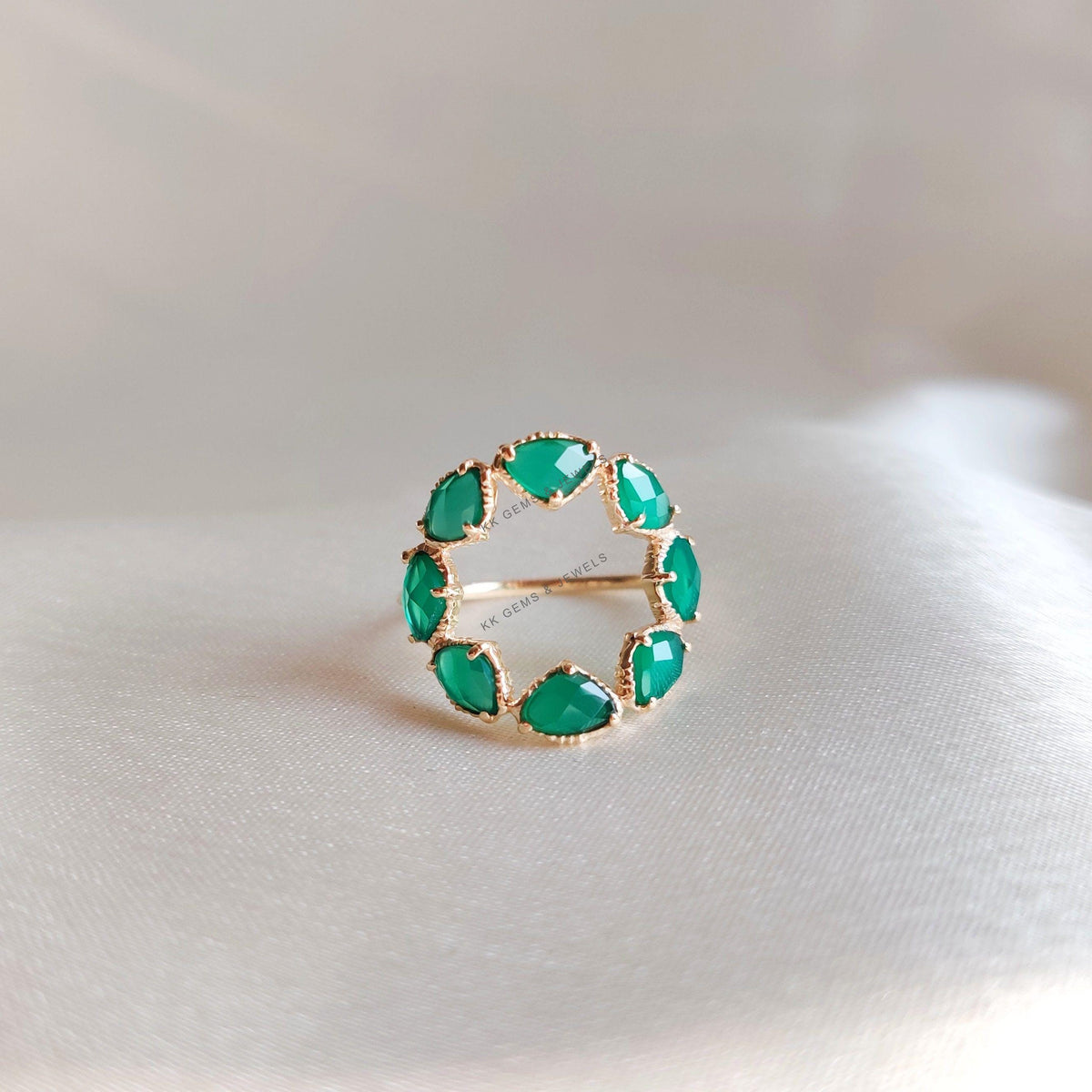 14K Solid Rose Gold Natural Green Onyx Ring, Fancy Flower Ring , May Birthstone