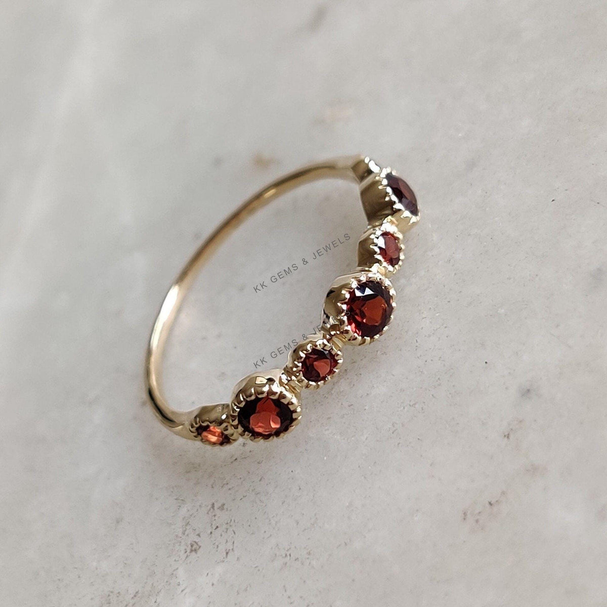 14K Solid Yellow Gold Natural Garnet Ring, January Birthstone Stackable Band