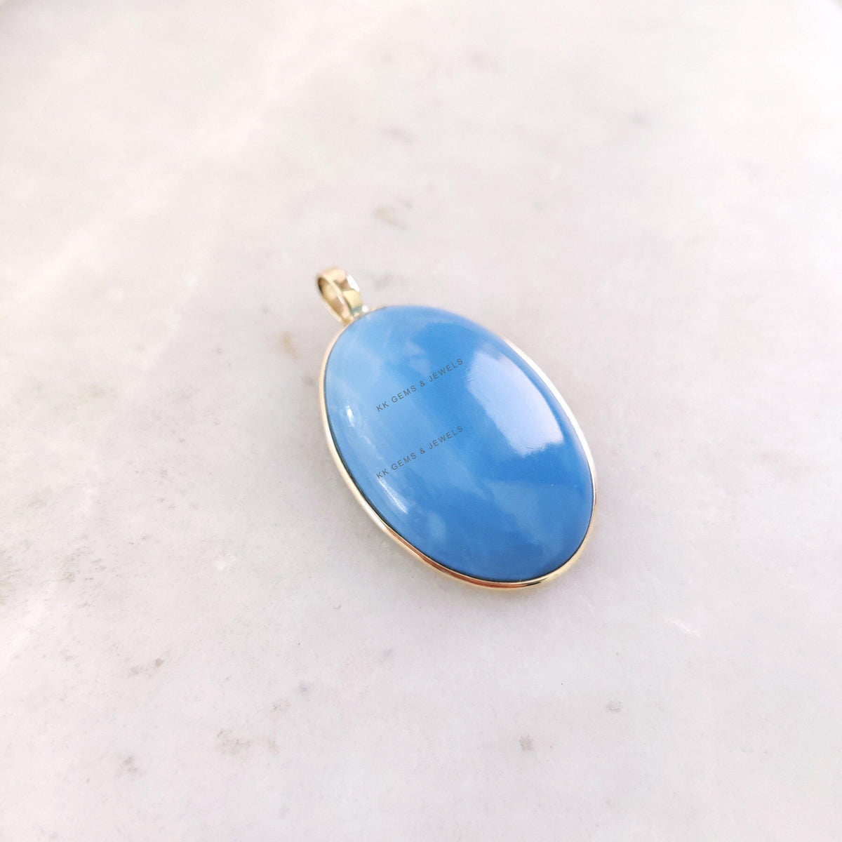 Natural Blue Opal Pendant, 14K Solid Yellow Gold Bezel Pendant, October Birthstone, Christmas Present, Natural Blue Opal Jewelry