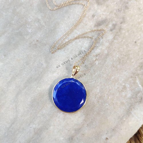 14K Solid Gold Natural Lapis Lazuli Pendant, Round Bezel Pendant, September Birthstone