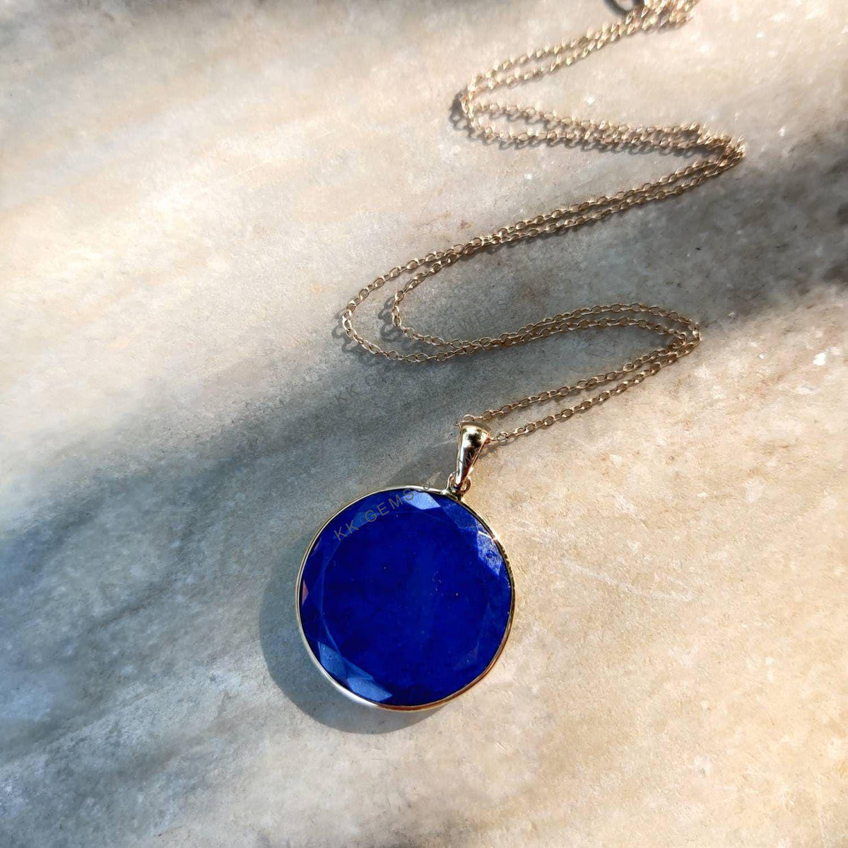 14K Solid Gold Natural Lapis Lazuli Pendant, Round Bezel Pendant, September Birthstone