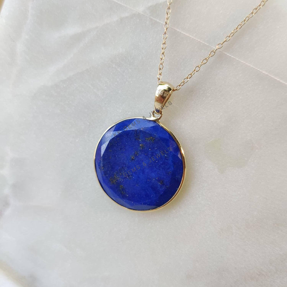 14K Solid Gold Natural Lapis Lazuli Pendant, Round Bezel Pendant, September Birthstone
