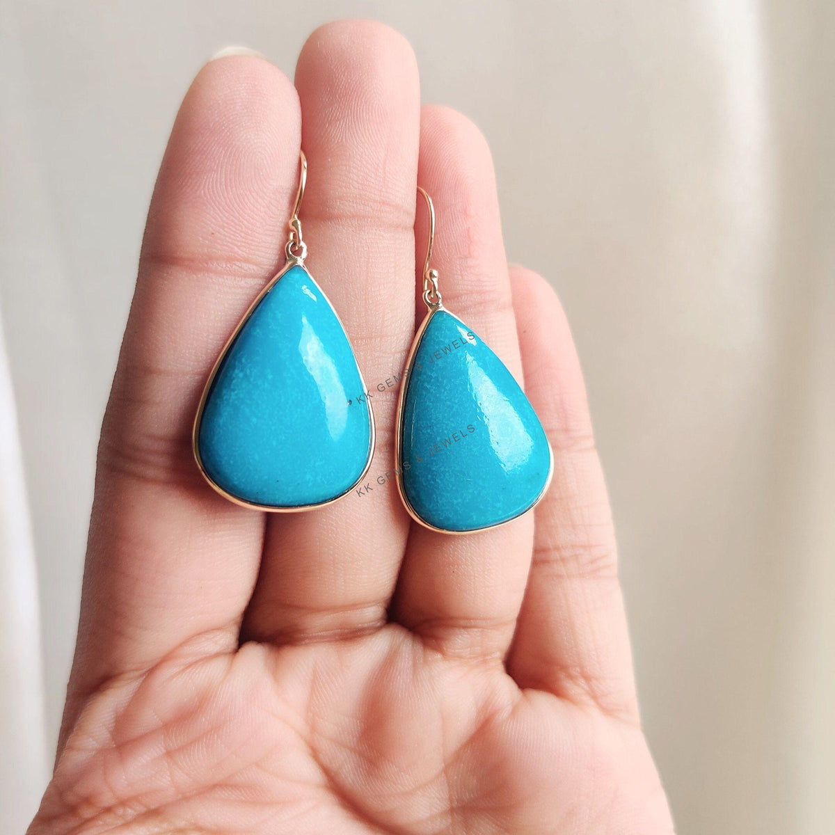 14K Solid Yellow Gold Natural Turquoise Earrings, December Birthstone Jewelry