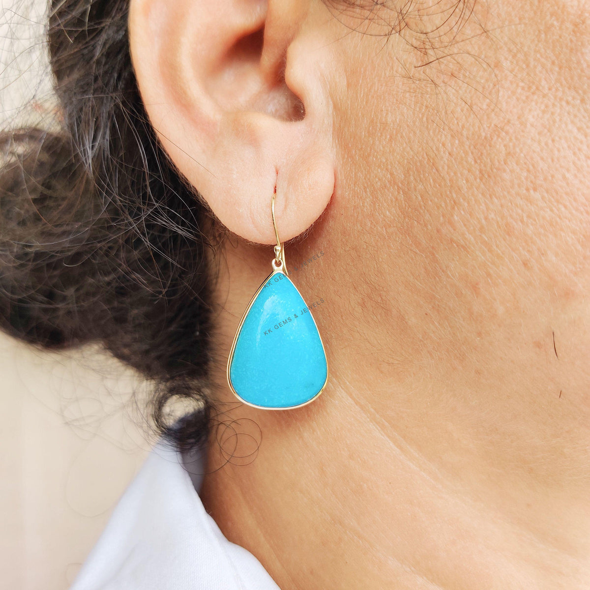 14K Solid Yellow Gold Natural Turquoise Earrings, December Birthstone Jewelry