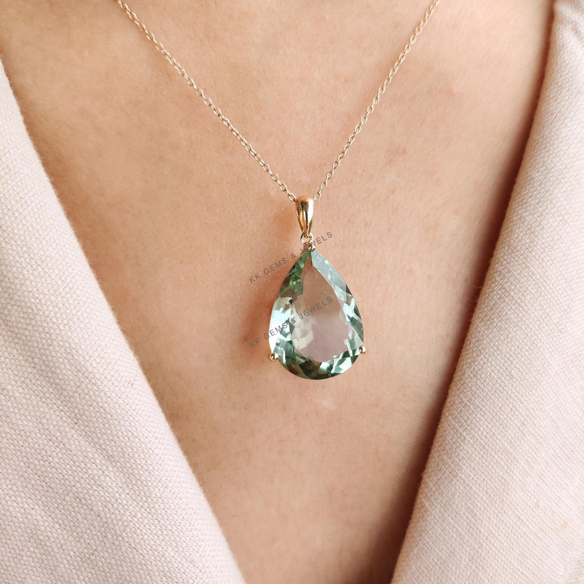 Natural Green Amethyst Pendant, 14K Solid Yellow Gold, Pear Cut, February Birthstone