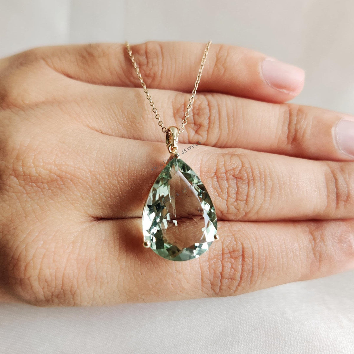 Natural Green Amethyst Pendant, 14K Solid Yellow Gold, Pear Cut, February Birthstone