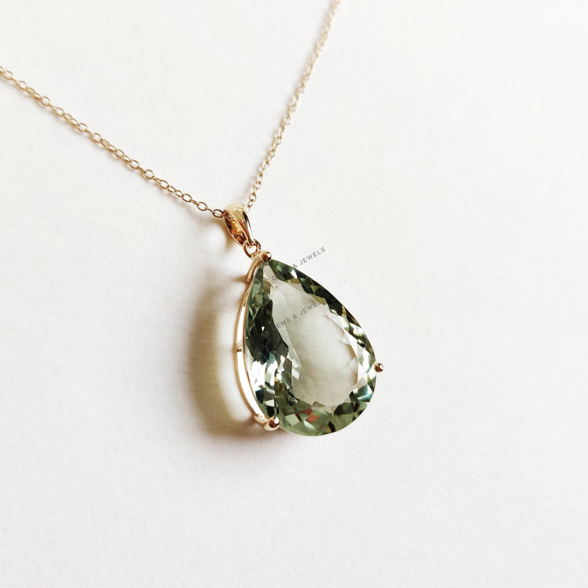 Natural Green Amethyst Pendant, 14K Solid Yellow Gold, Pear Cut, February Birthstone