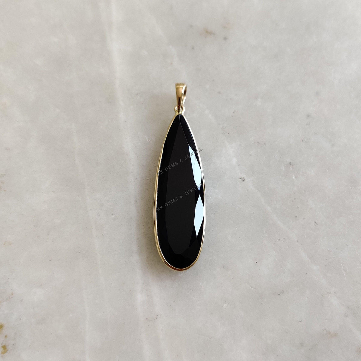 14K Solid Yellow Gold Natural Black Onyx Pear Bezel Pendant, December Birthstone