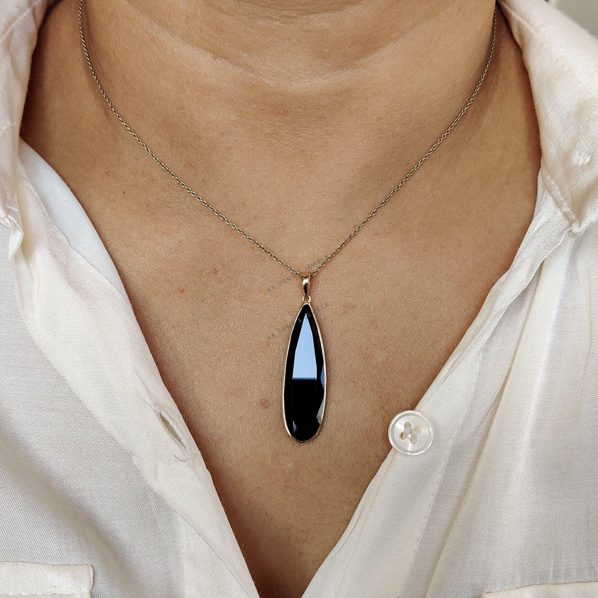 14K Solid Yellow Gold Natural Black Onyx Pear Bezel Pendant, December Birthstone