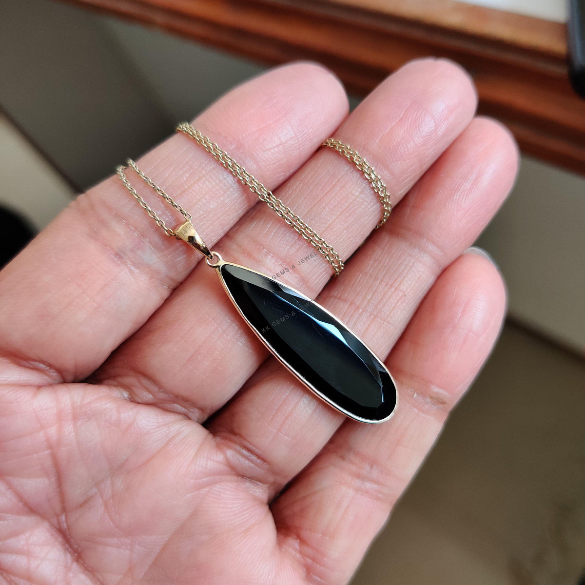 14K Solid Yellow Gold Natural Black Onyx Pear Bezel Pendant, December Birthstone