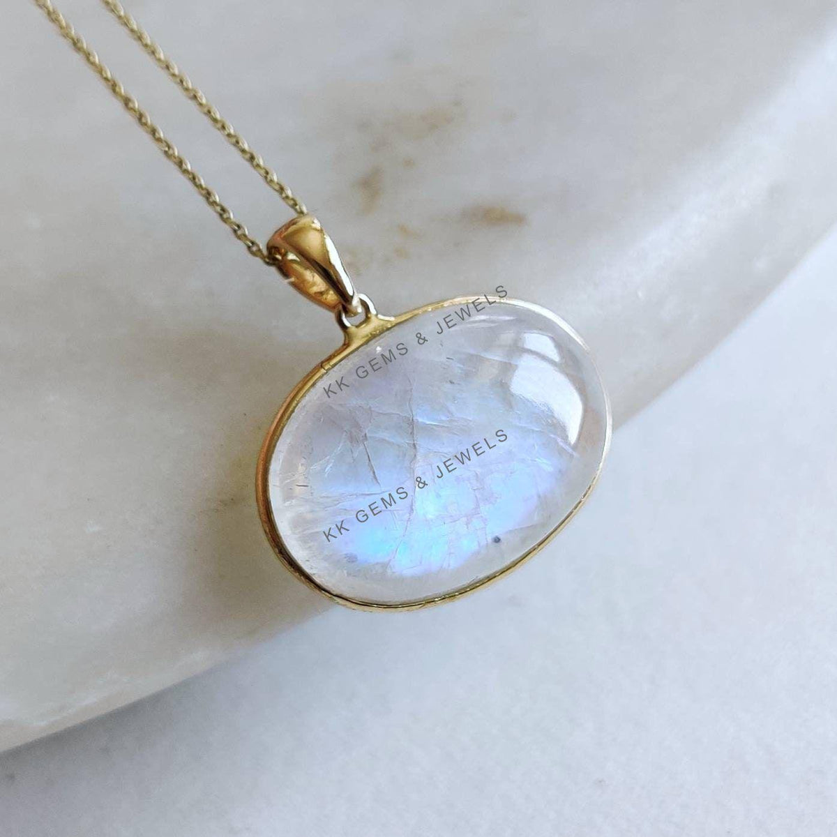 Natural Rainbow Moonstone Pendant, 14K Solid Yellow Gold, June Birthstone