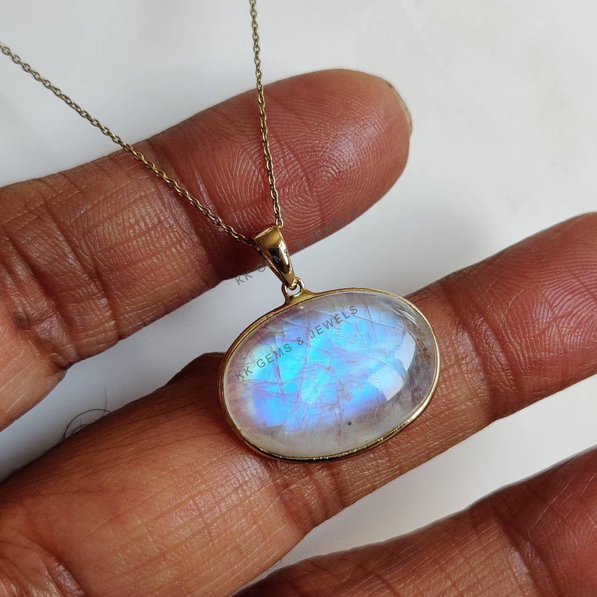 Natural Rainbow Moonstone Pendant, 14K Solid Yellow Gold, June Birthstone