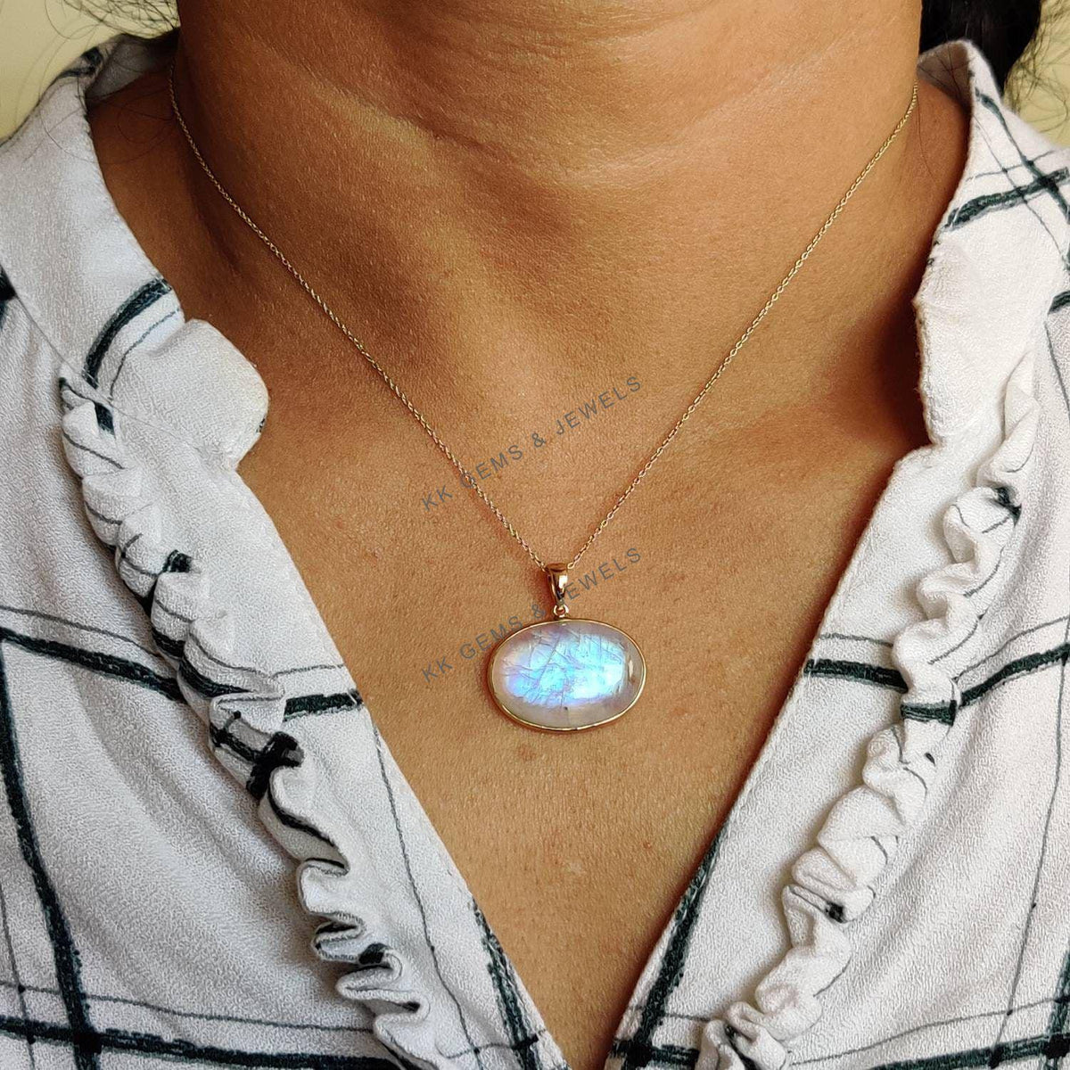 Natural Rainbow Moonstone Pendant, 14K Solid Yellow Gold, June Birthstone