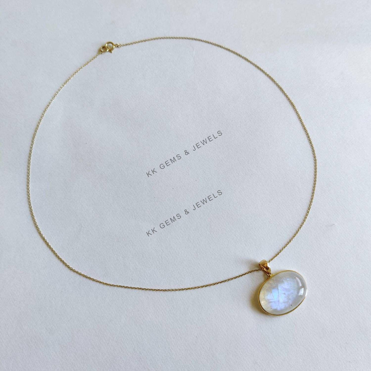 Natural Rainbow Moonstone Pendant, 14K Solid Yellow Gold, June Birthstone