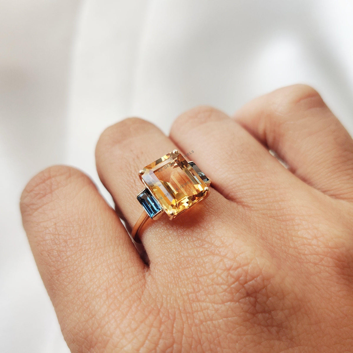 Natural Citrine & London Blue Topaz Statement Ring, 14K Solid Yellow Gold,
