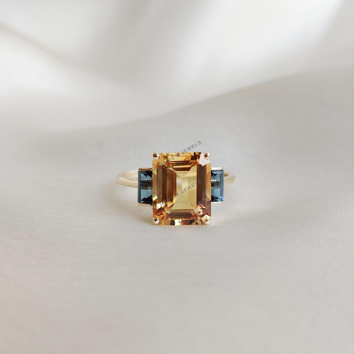 Natural Citrine & London Blue Topaz Statement Ring, 14K Solid Yellow Gold,