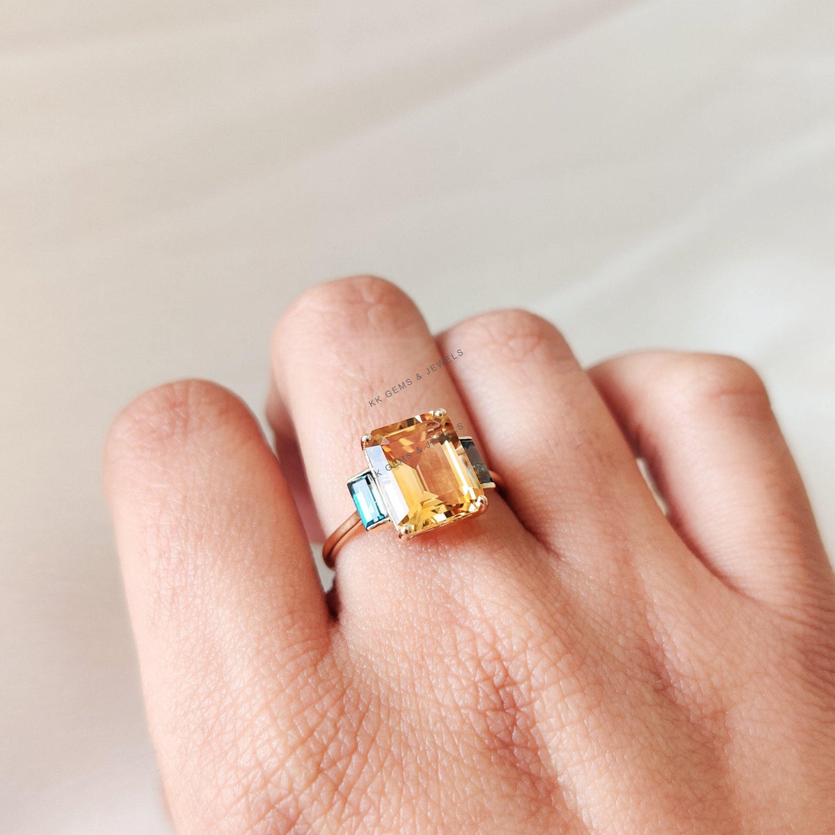 Natural Citrine & London Blue Topaz Statement Ring, 14K Solid Yellow Gold,