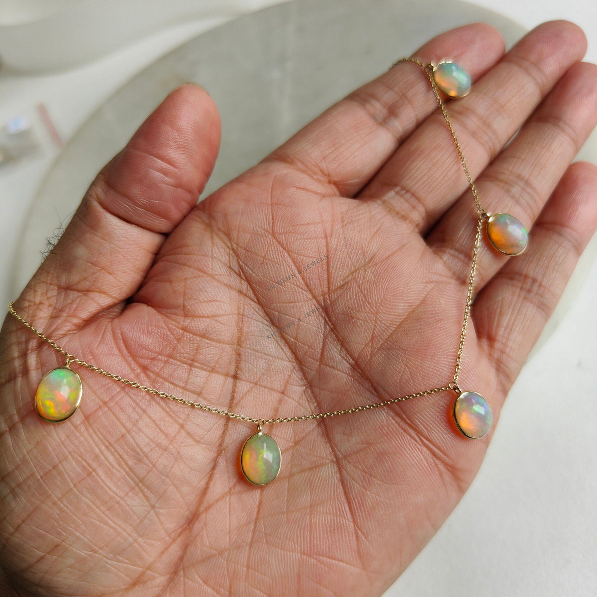 14K Solid Gold Natural Ethiopian Opal Pendant Necklace, October Birthstone