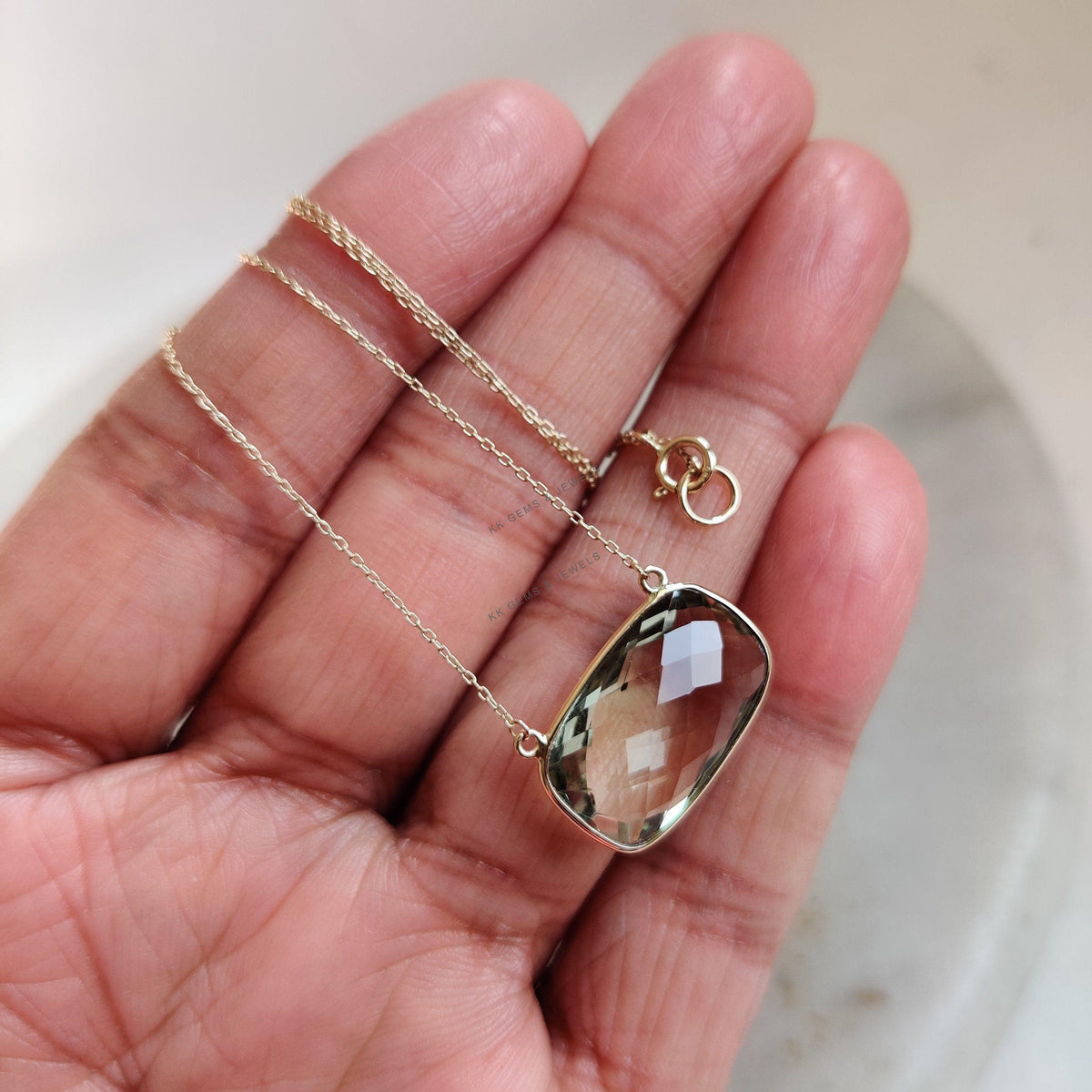 Natural Green Amethyst 14K Solid Yellow Gold Chain Necklace, February Birthstone