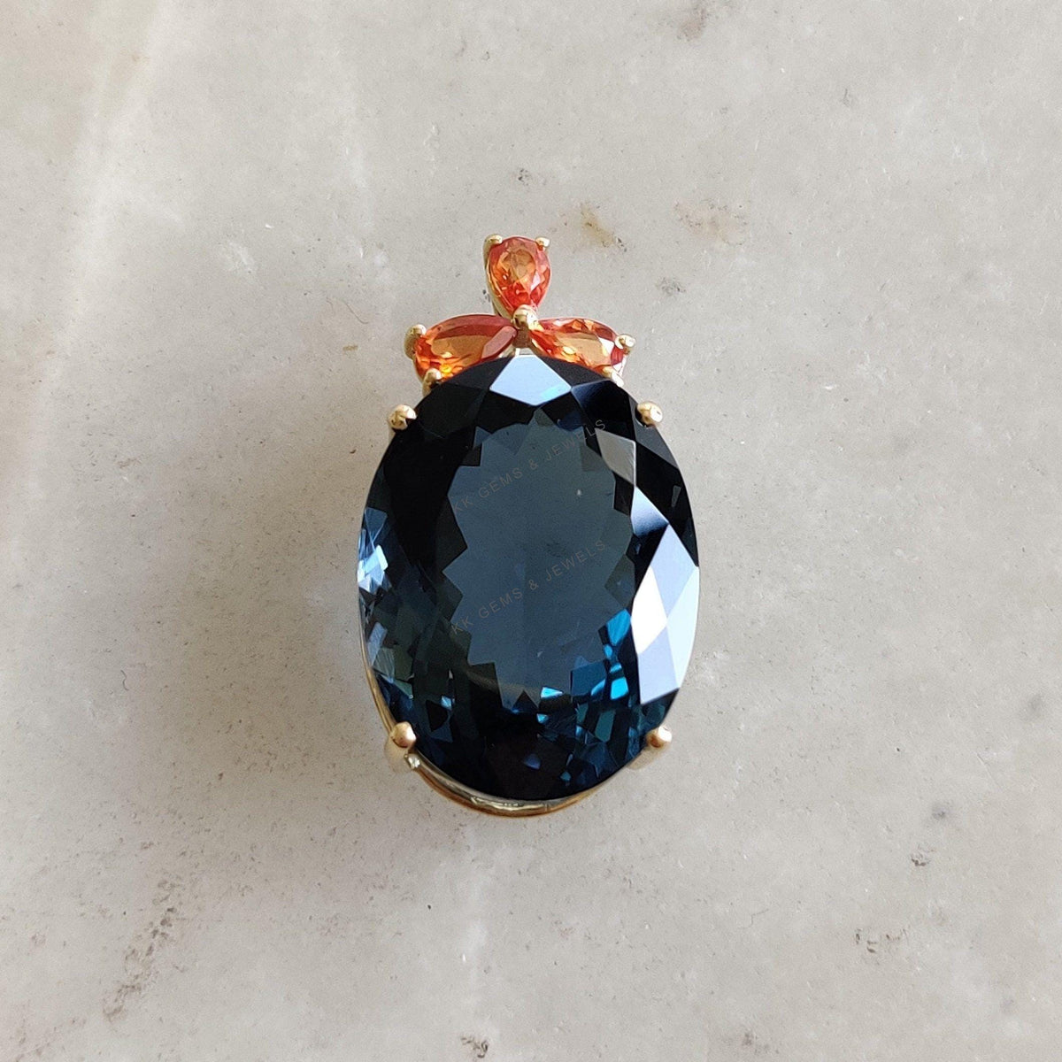 14K Solid Gold Natural London Blue Topaz & Orange Sapphire Pendant, Christmas Present