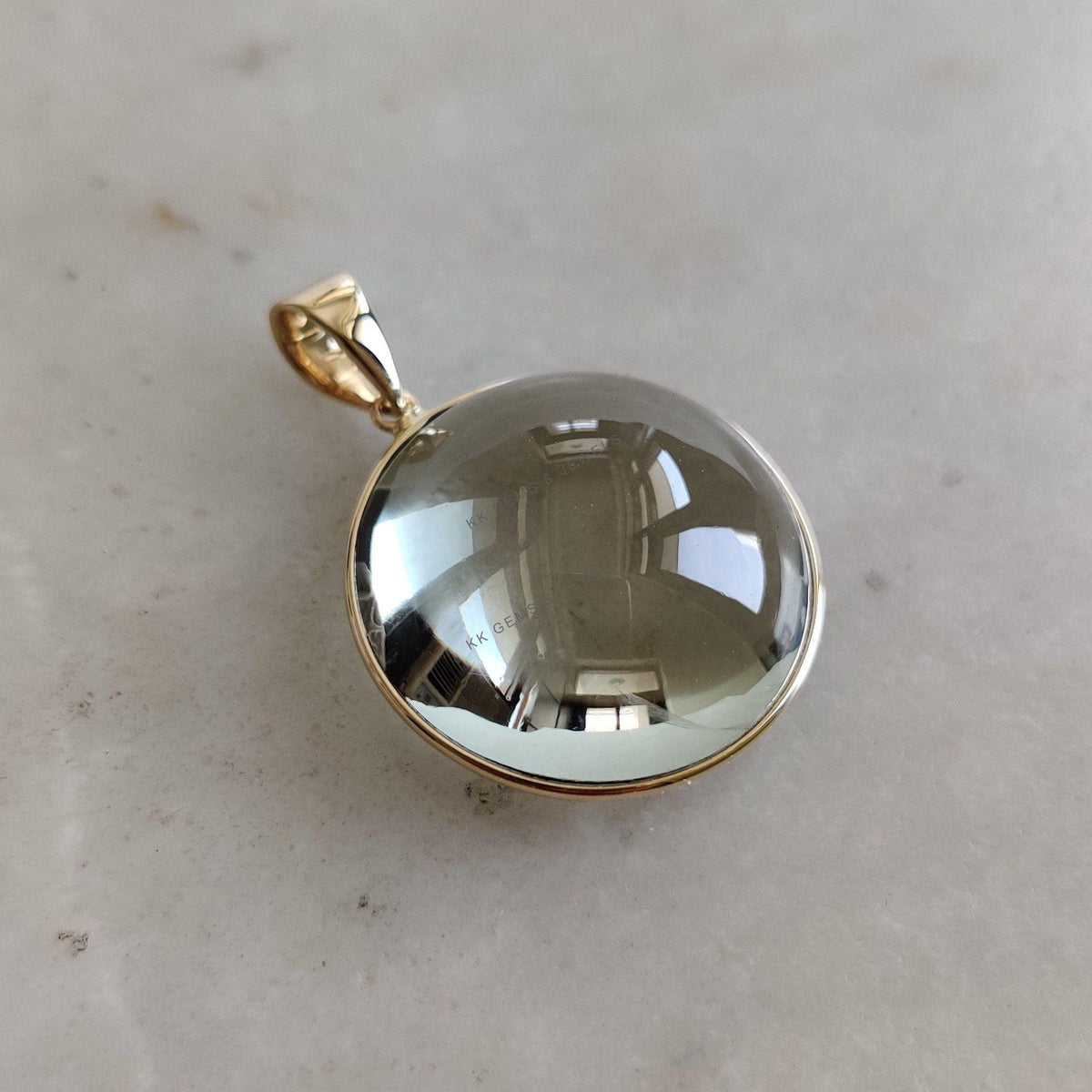 Natural Green Amethyst Pendant: 14K Solid Yellow Gold Round Bezel, February Birthstone