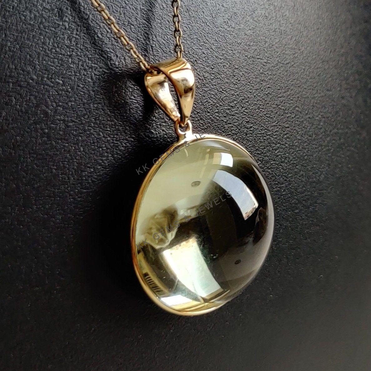 Natural Green Amethyst Pendant: 14K Solid Yellow Gold Round Bezel, February Birthstone