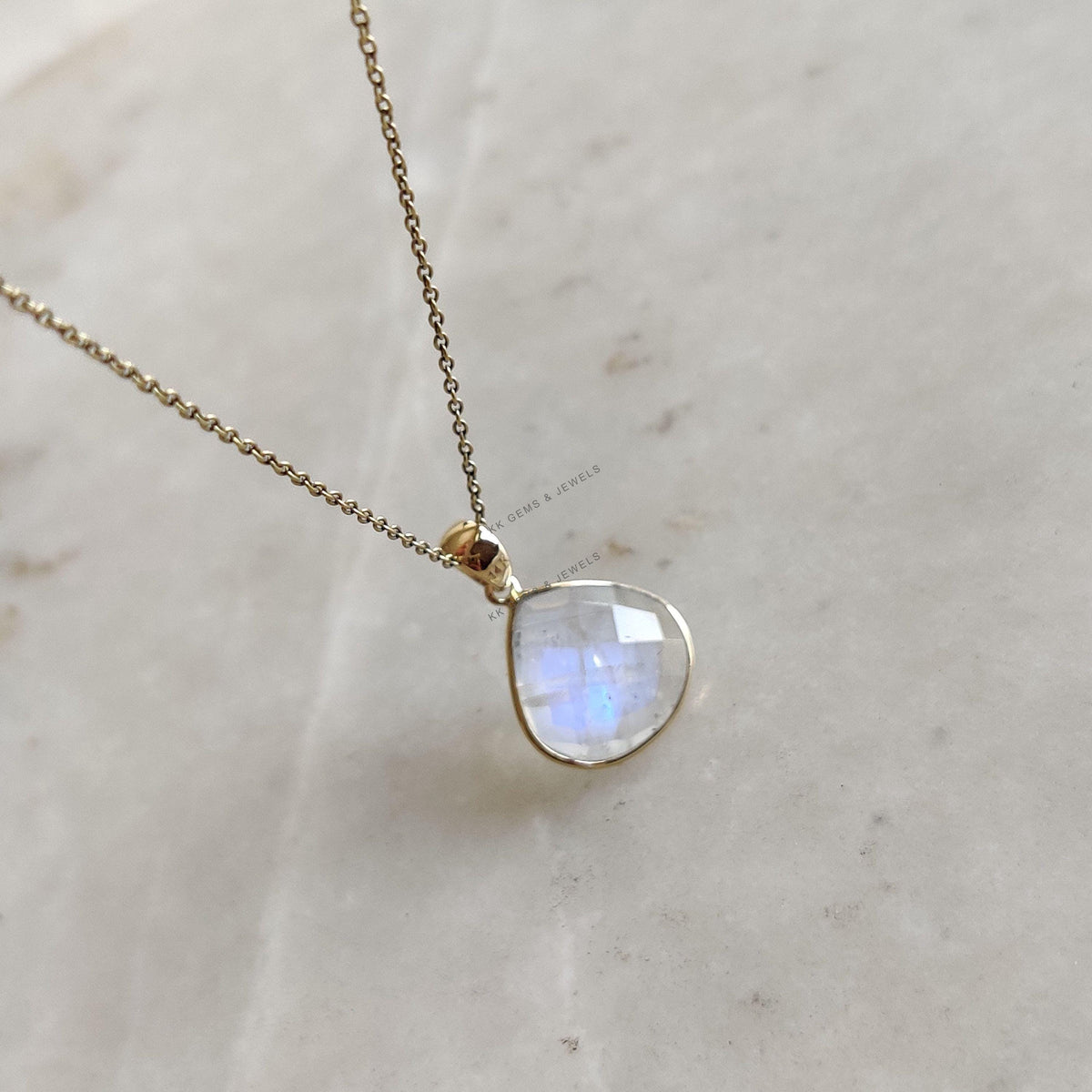 14K Solid Gold Natural Rainbow Moonstone Pendant - June Birthstone