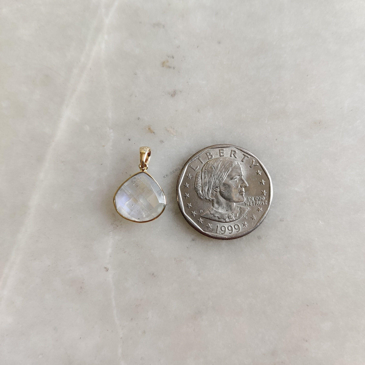 14K Solid Gold Natural Rainbow Moonstone Pendant - June Birthstone