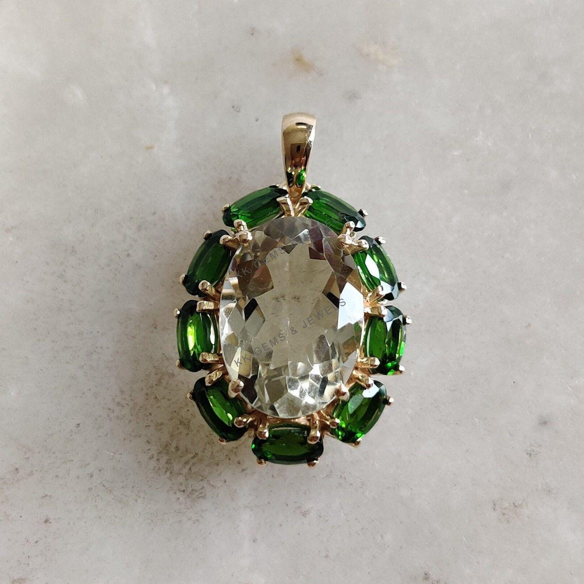 14K Solid Gold Natural Green Amethyst & Chrome Diopside Pendant, February Birthstone