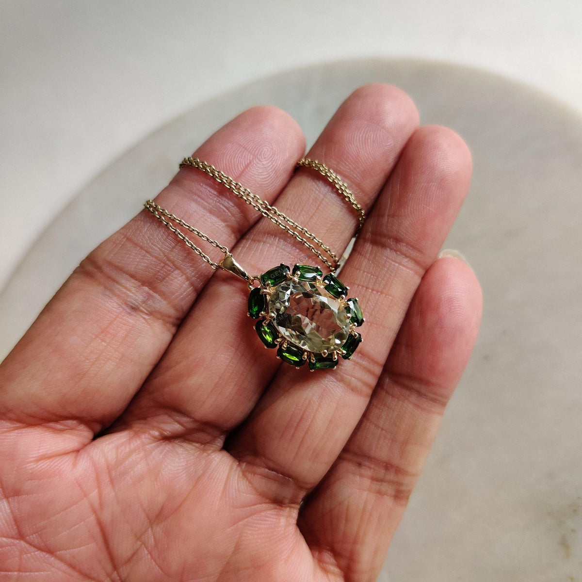 14K Solid Gold Natural Green Amethyst & Chrome Diopside Pendant, February Birthstone