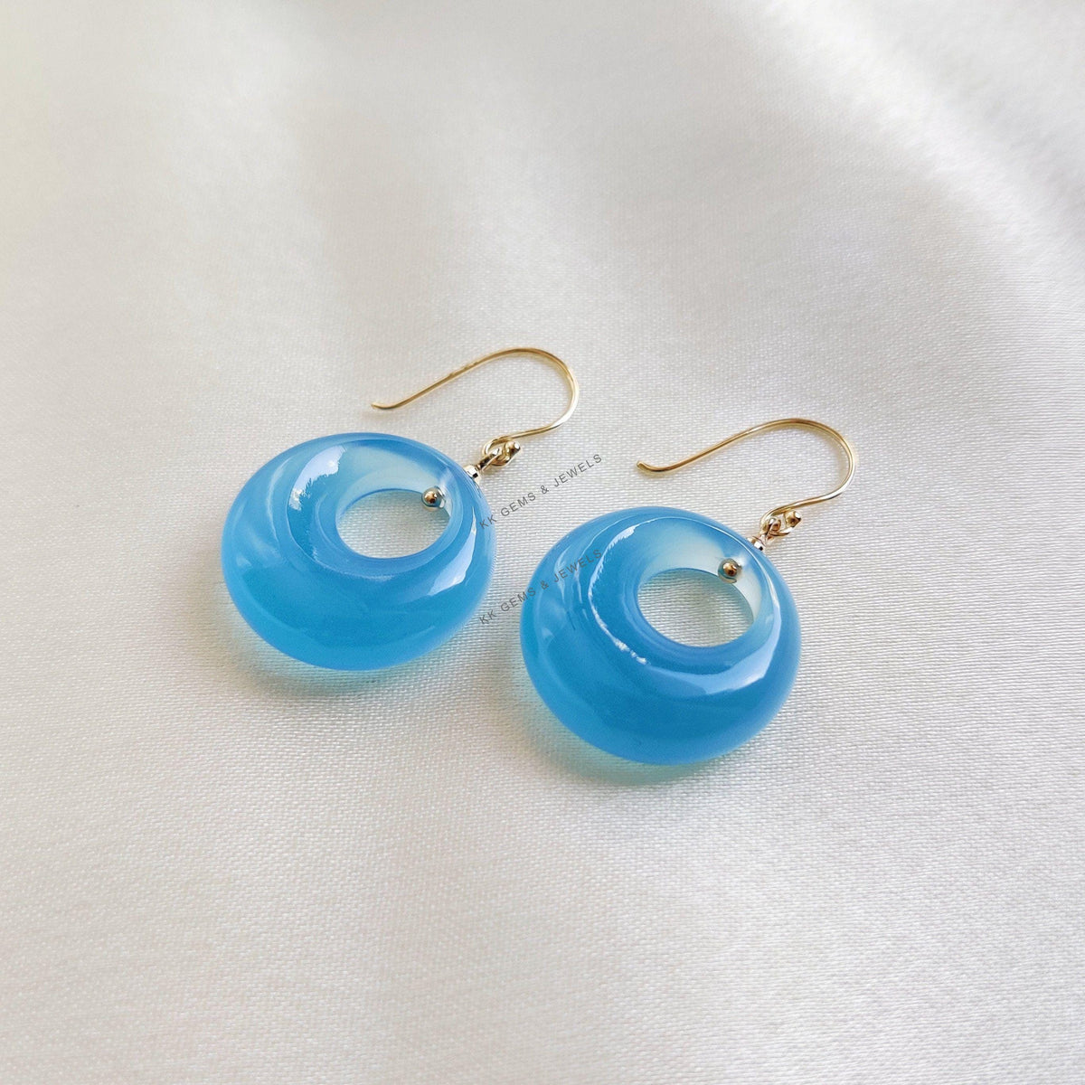 Natural Blue Chalcedony Donut Drill Earrings, 14K Solid Yellow Gold, March Birthstone