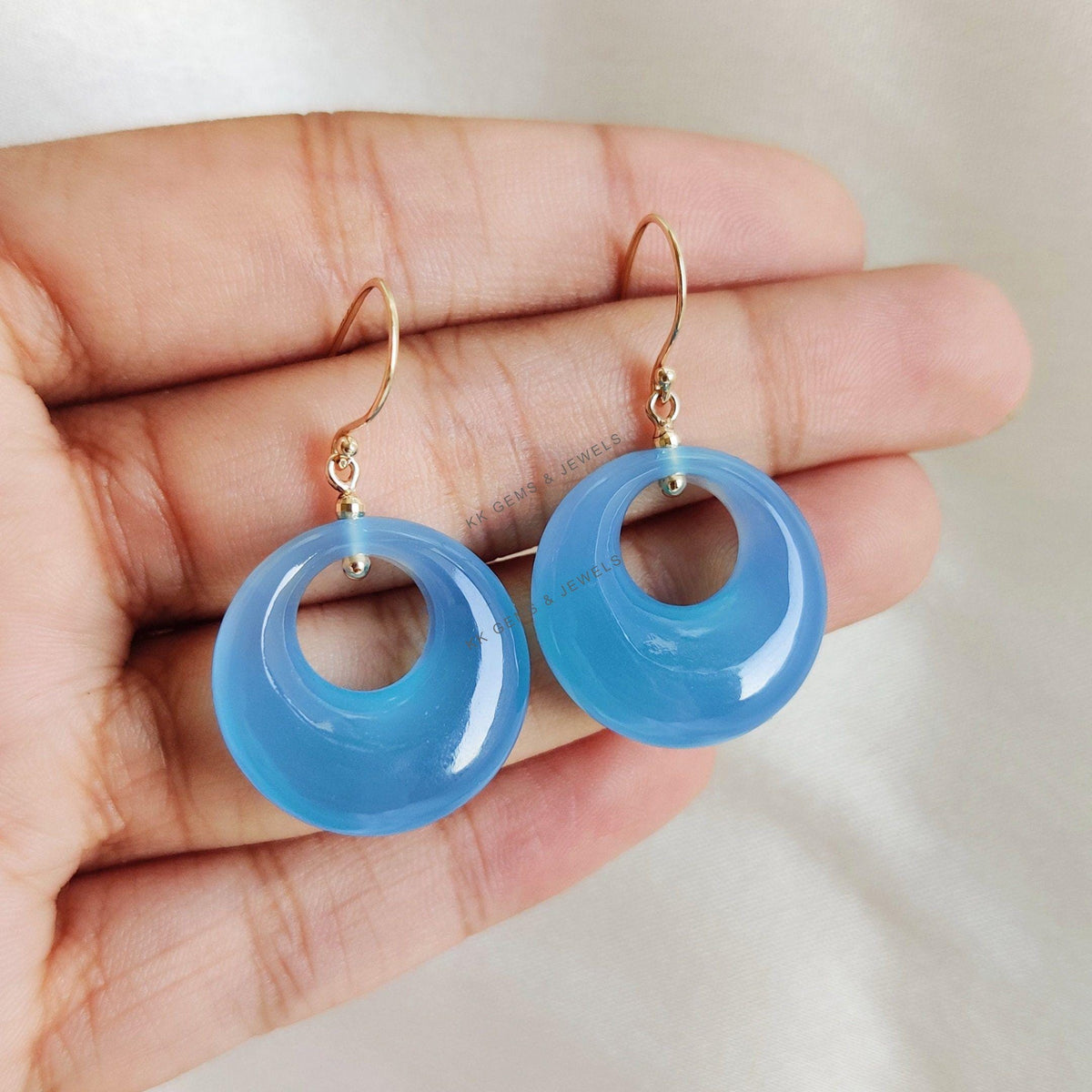 Natural Blue Chalcedony Donut Drill Earrings, 14K Solid Yellow Gold, March Birthstone