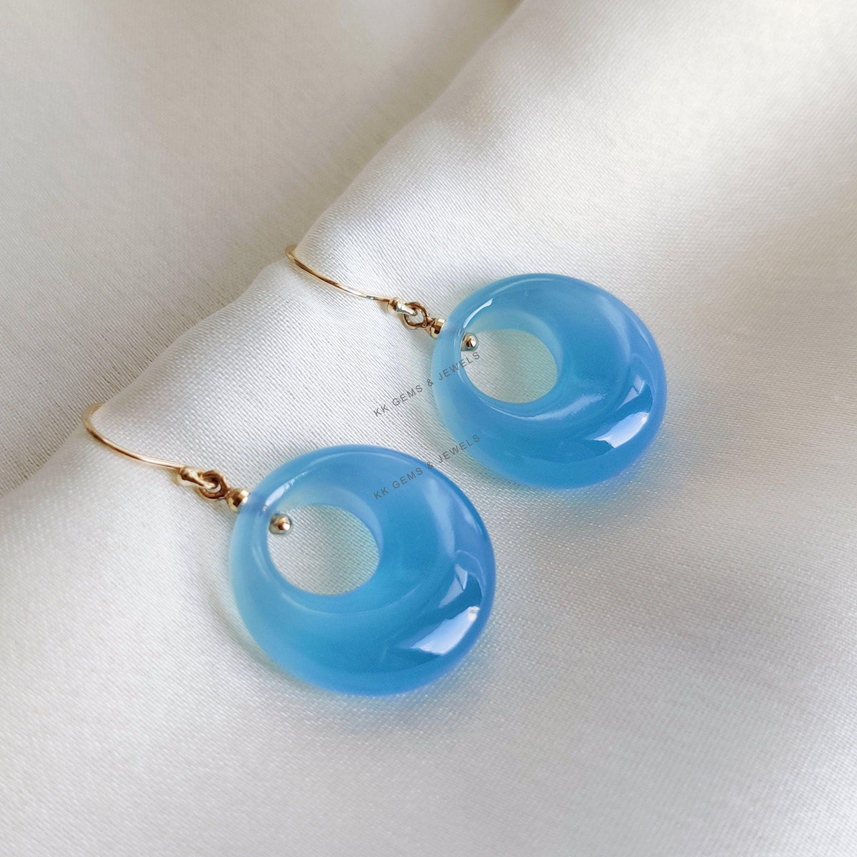 Natural Blue Chalcedony Donut Drill Earrings, 14K Solid Yellow Gold, March Birthstone
