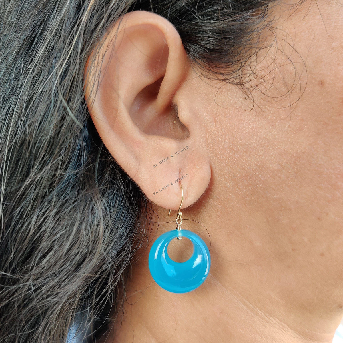 Natural Blue Chalcedony Donut Drill Earrings, 14K Solid Yellow Gold, March Birthstone