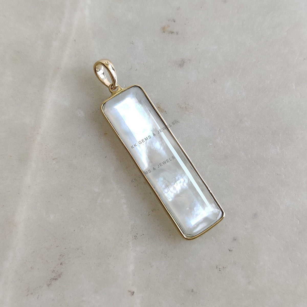 14K Solid Gold Natural Mother of Pearl Flat Cut Bezel Pendant, June Birthstone