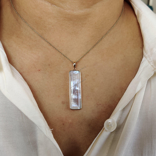 14K Solid Gold Natural Mother of Pearl Flat Cut Bezel Pendant, June Birthstone