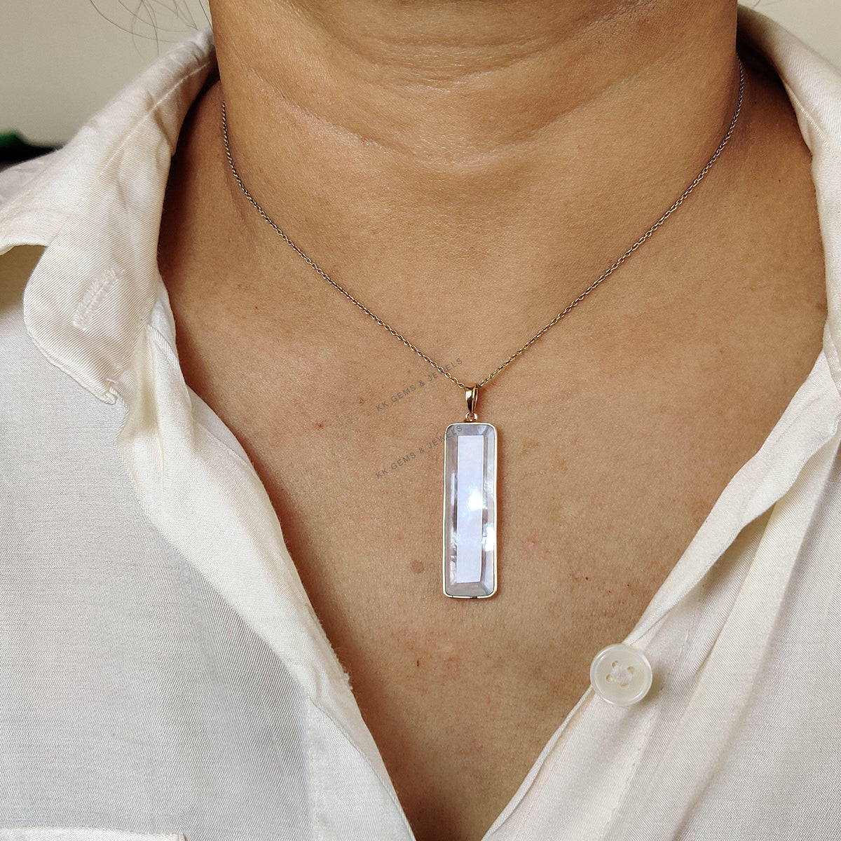 14K Solid Gold Natural Mother of Pearl Flat Cut Bezel Pendant, June Birthstone