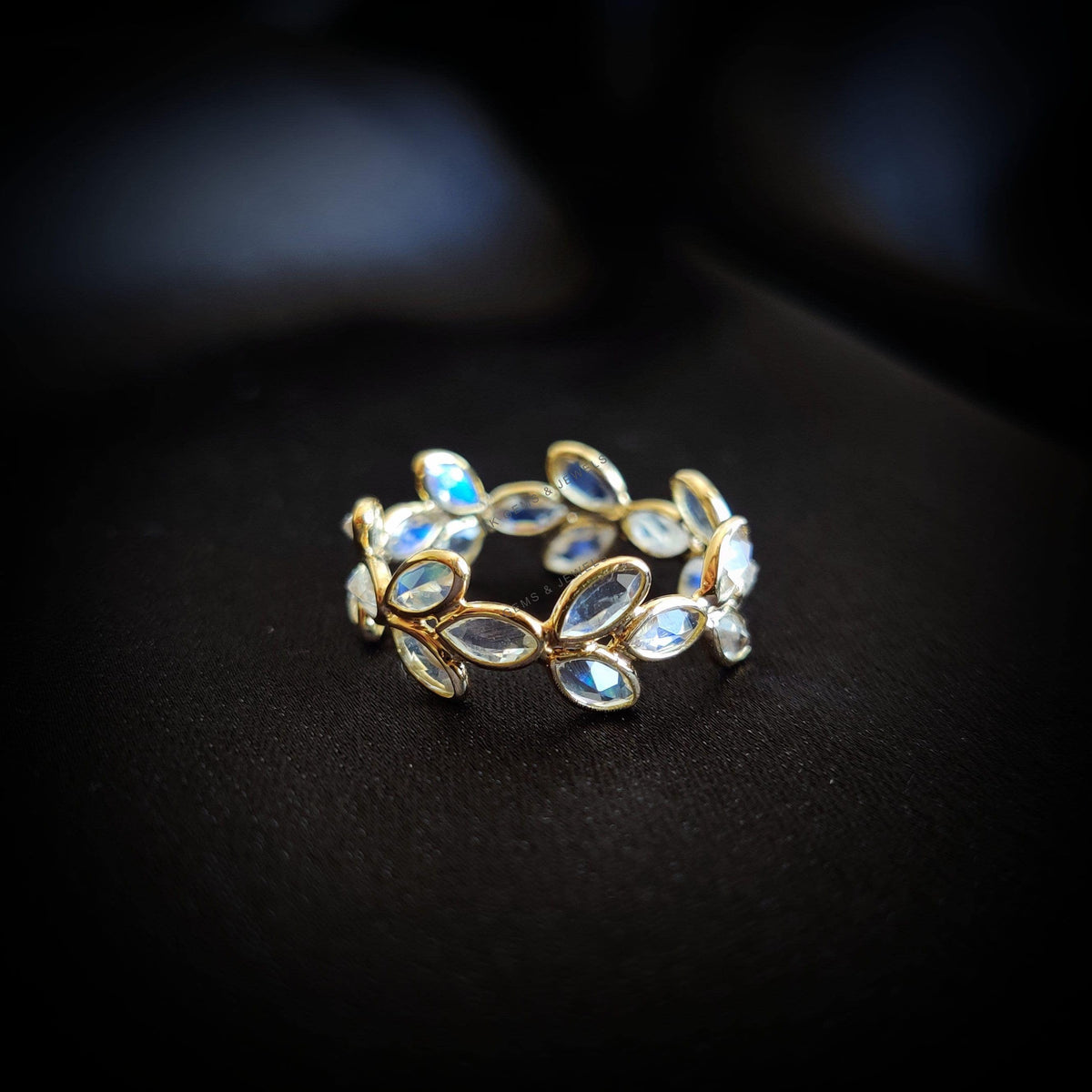 Natural Rainbow Moonstone Floral 14k Solid Gold Eternity Ring, June Birthstone