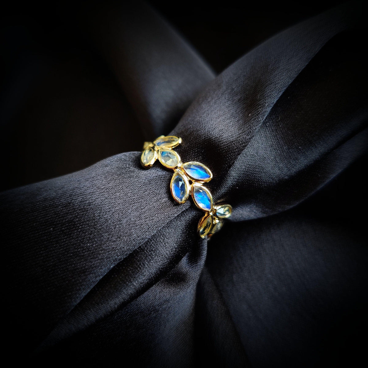 Natural Rainbow Moonstone Floral 14k Solid Gold Eternity Ring, June Birthstone