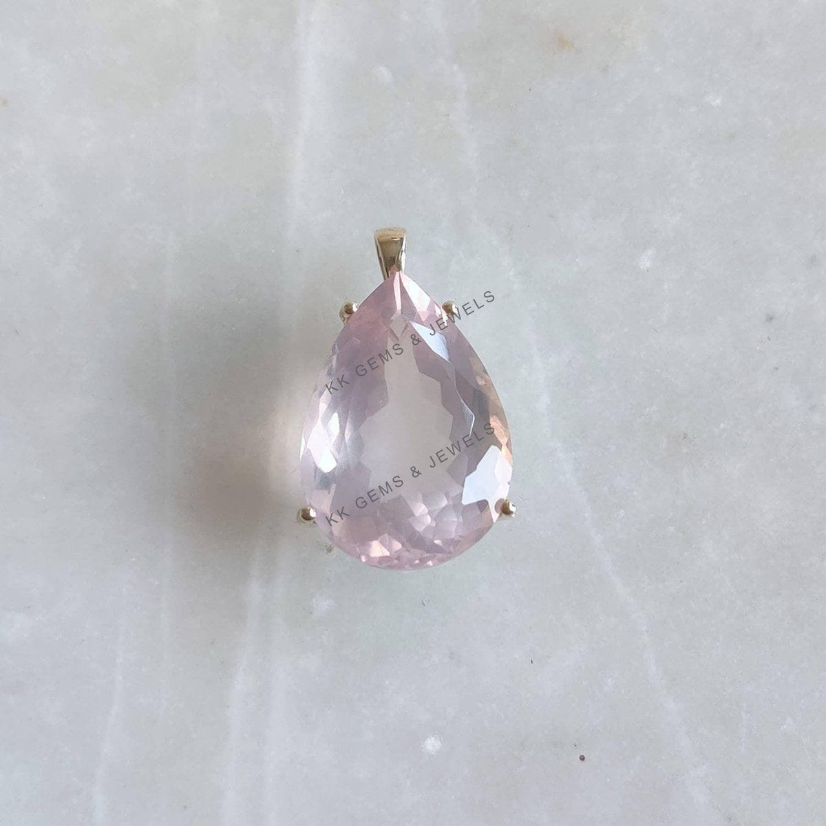 14K Solid Gold Pear Natural Rose Quartz Pendant, January Birthstone