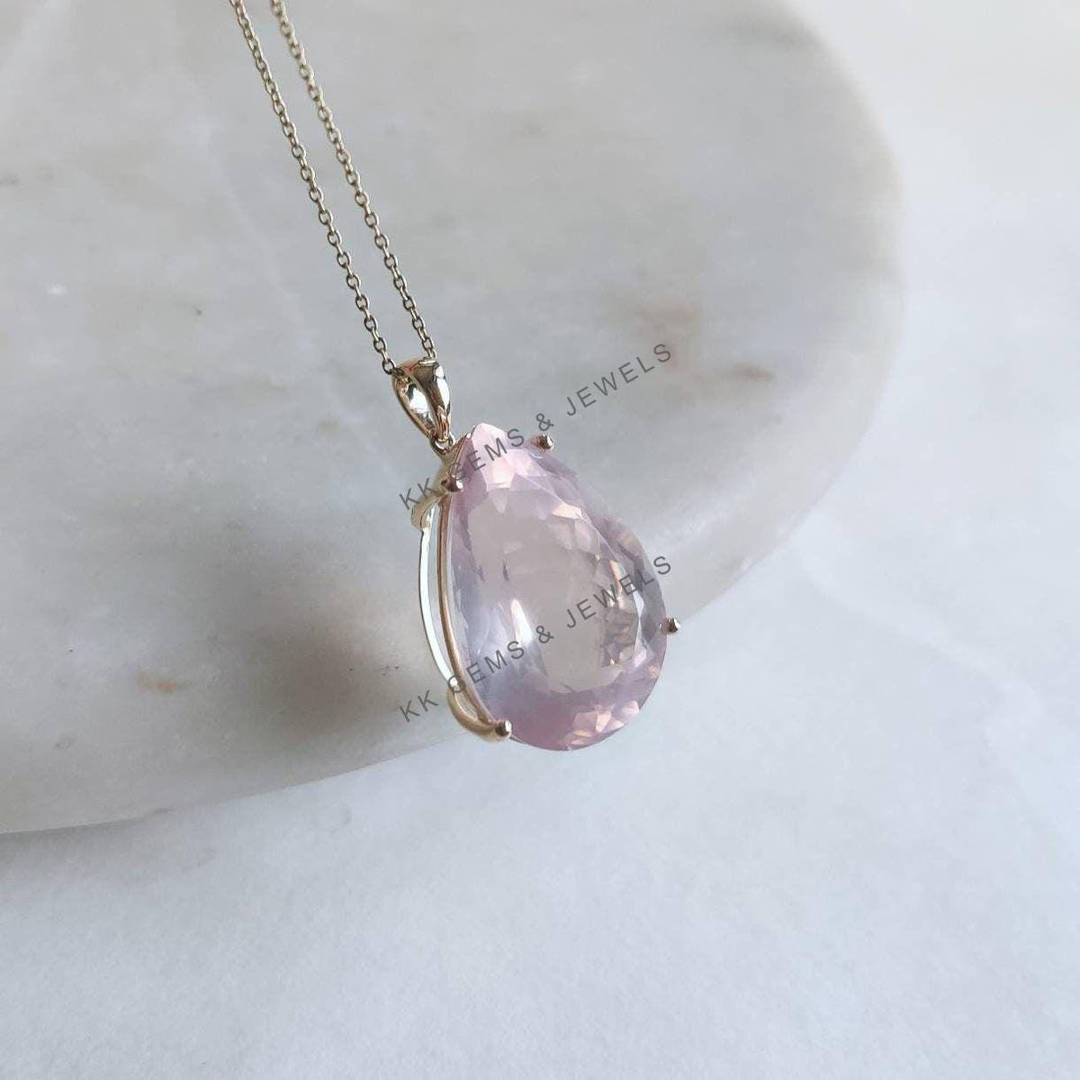 14K Solid Gold Pear Natural Rose Quartz Pendant, January Birthstone