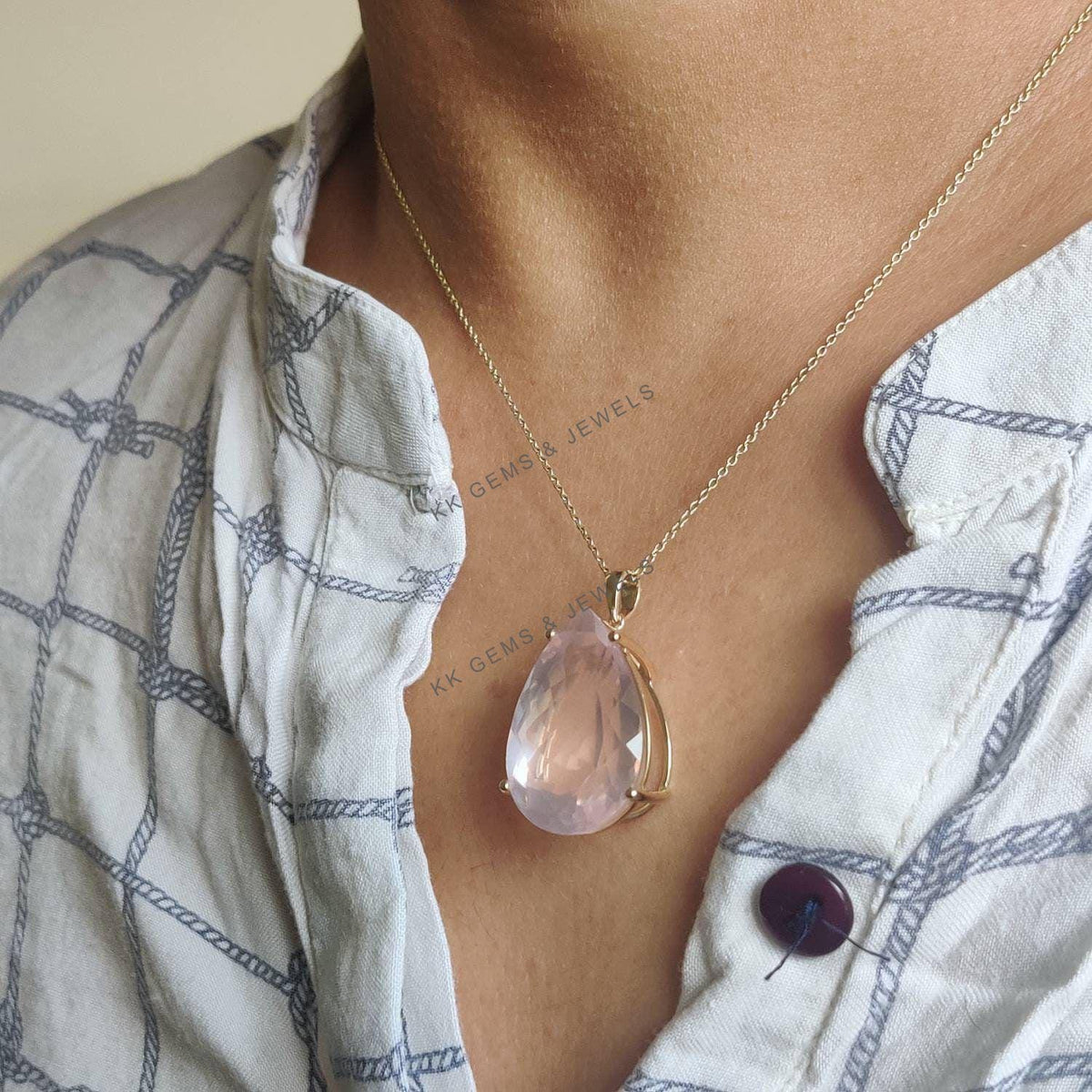 14K Solid Gold Pear Natural Rose Quartz Pendant, January Birthstone